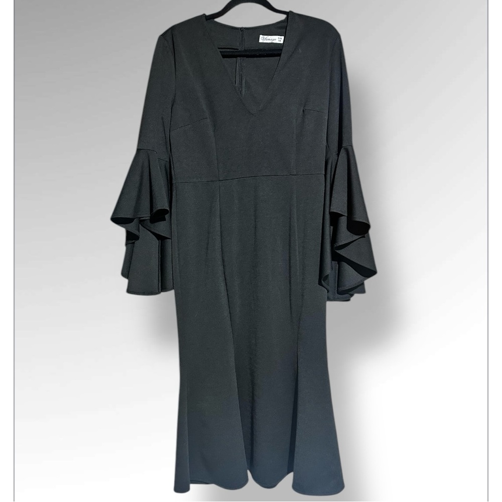 VfEmage Black Bell Sleeve V-Neck Midi Dress size 14 dramatic